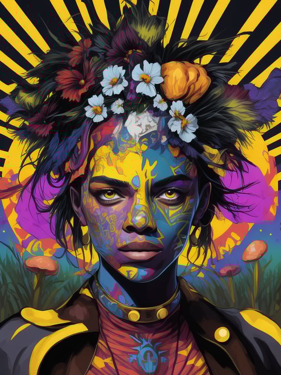 perfect art HIGH QUALITY details alice from alice in wonderland ,lost in a magic forest have super giants mushrooms , VECTOR PRINT DISIGN WITH CLOTHES. streetwear design, full design, (dress RAVE style graffity by Basquiat white, blue, purple, pink, red, black acid colors only,) (((Ultra high details. perfect detailed face,))) detailed symmetric hazel eyes with circular iris , (background by Basquiat green, brown, yellow acid colors only), solid colors, no shadows, full design, warm colors, sticker, bright colors, DISELpunk, victoria, half body. vibrant vector. deep lines, heavy strokes. unreal engine 5 graphics engine
