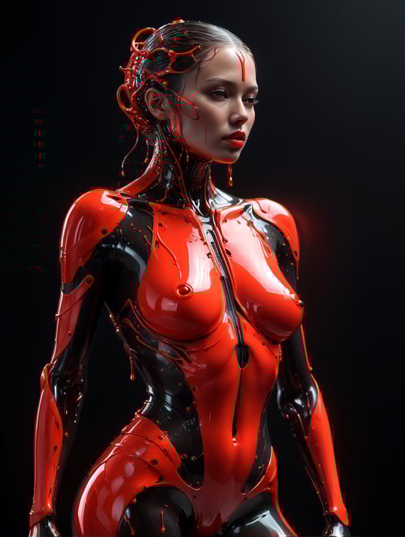 smooth female figure in neon reds, reflection on body, in the style of ray tracing, dripping, grotesque beauty, rendered in cinema4d, mystical, black background, abstract, minimalism