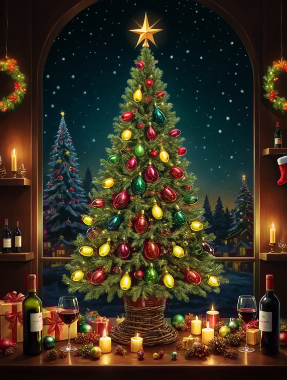 Vector illustration of a Christmas tree made up of wine bottles and glasses + Bordeuax background + Christmas atmosphere + Christmas decorations + Christmas lights