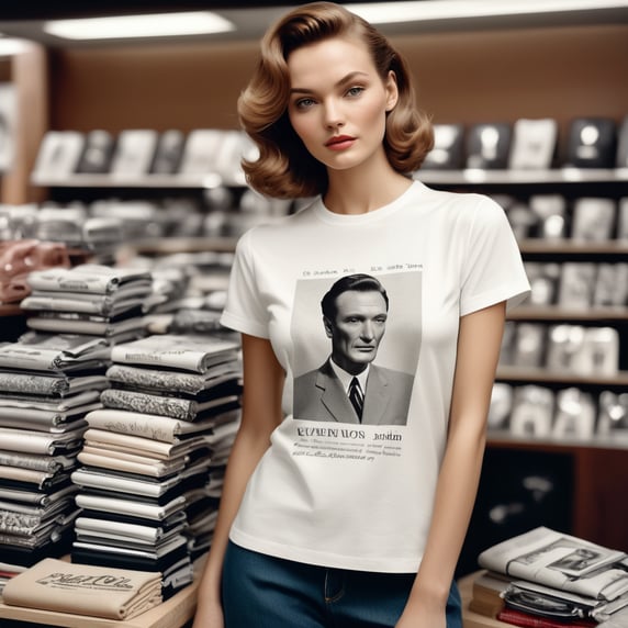 Extremely detailed photographic image, grained image, beautifully composed, monochrome image, 50's fashionable image, fashionable magazine photography, leica summicron 35mm f2.0, kodak 400tx, fashion photography, fashionable model, william s. burroughs, Woman wearing blank white T-Shirt in Clothing Store Mockup, mock up