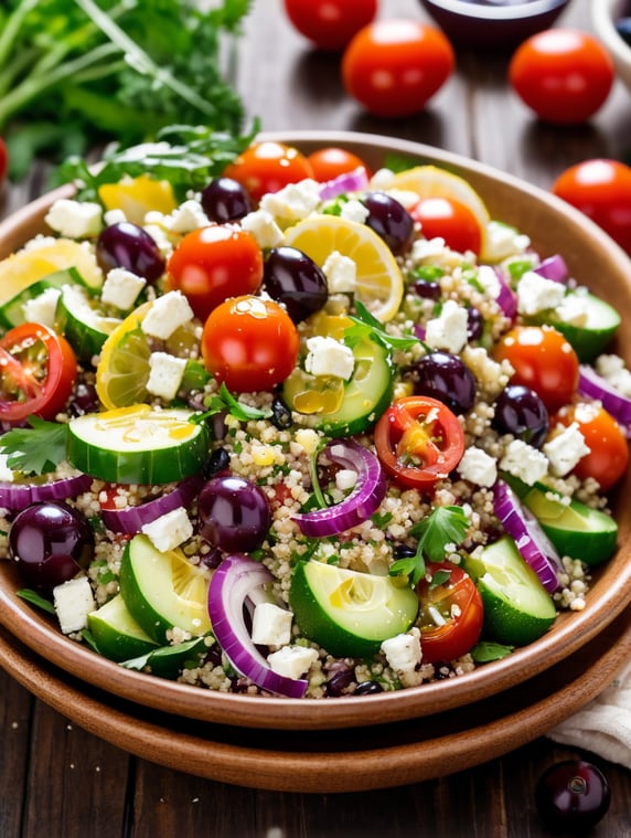 Mediterranean Quinoa Salad, small plate on a wooden table, Description: A healthy and colorful salad made with cooked quinoa, cherry tomatoes, cucumbers, red onions, Kalamata olives, and feta cheese, all tossed in a lemon-herb vinaigrette.