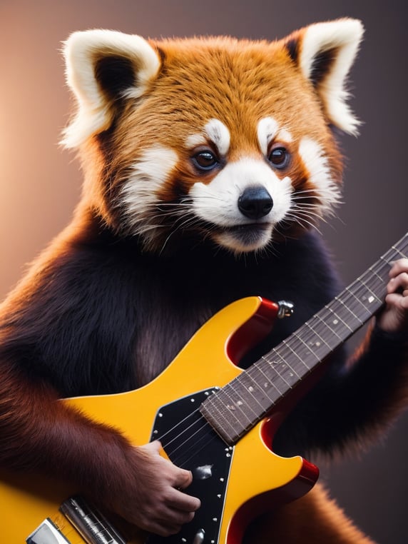 Red panda bear playing guitar, Vivid saturated colors, Contrast light, studio photo, professional photo, Detailed image, detailed face