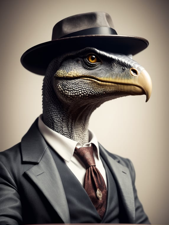 a Poker playing raptor, looking like a 1920 Gangster
