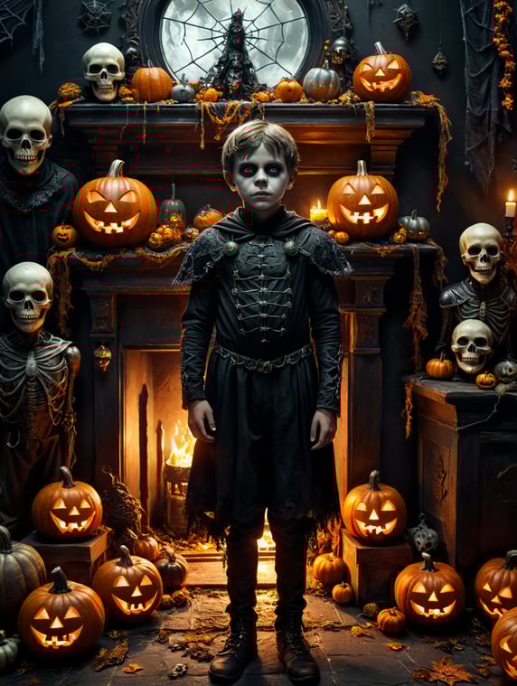 12 year old boy with a Halloween background; Niño de 12 años con un fondo de Halloween