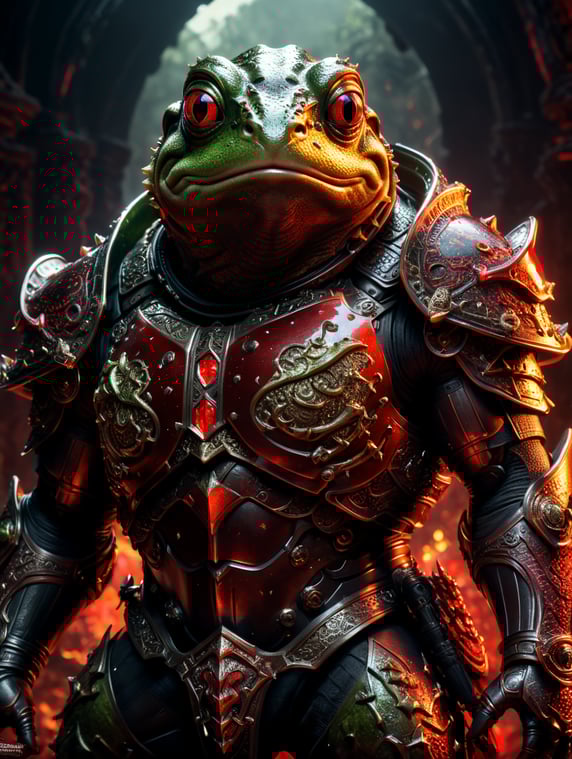 frog in doomguy armor in the diablo fantasy style dark fantasy black and red light