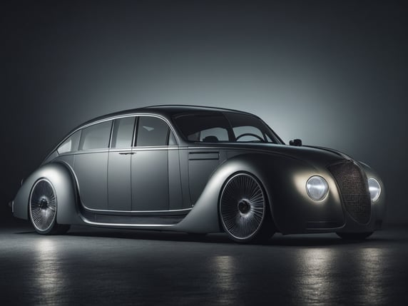 Wide shot of a minimal biomechanical translucent vehicle reminiscent of 40s car, silver and black colors, led lights, glowing headlights, creepy ambiance, fog,