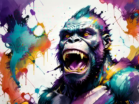 A wide shot of a purple gorilla with lots of other colours shouting