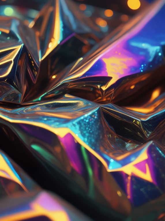 Texture of crumpled holographic foil, pattern, background, top view, metallized effect, metallic, multi-colored reflections, holographic effect
