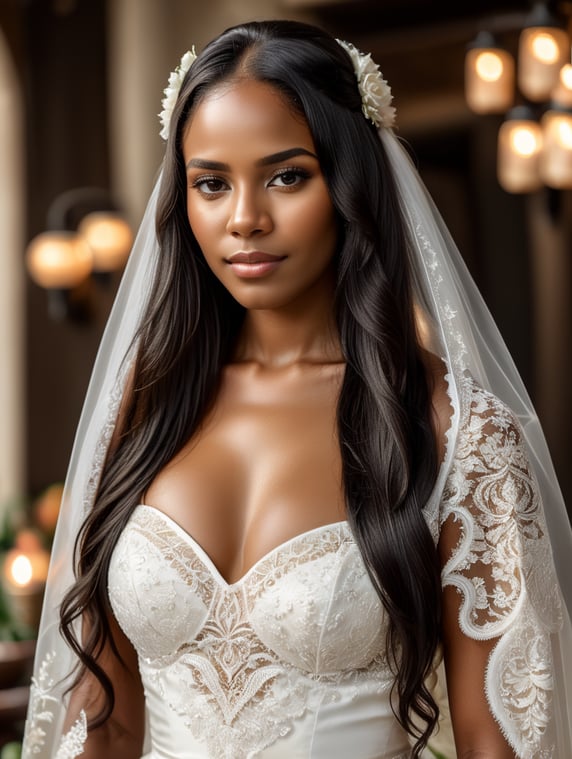 a beautiful black girl with long straight black hair, she is beautifully dressed as a bride in a Mexican environment; uma linda garota negra de cabelos lisos pretos e compridos ela esta lindamente vestida de noiva em um ambiente mexicanos
