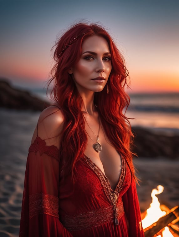sexy mother Wiccan goddess wearing red boho fashion, Red hair at a beach bonfire at night