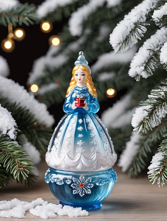 Snow Maiden small glass glass figure holding gift box, christmas toy for the christmas tree