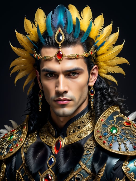 Cardan has curly, iridescent midnight hair and sharp cheekbones. He has long, black eyelashes and soft lips. His eyes are described as black with a golden ring around the pupils. He usually wears kohl under his eyes. Cardan is said to be lean and tall, with very pale skin. He has a number of scars on his back from his abusive eldest brother, Prince Balekin. Cardan possesses a slim, nearly hairless tail with a tuft of black fur at the tip which is often kept tucked away in the back of his shirt. He is described as more beautiful than the rest of the Folk by Jude. He is almost always seen wearing extravagant clothes made of opulent fabrics, studded with shiny gemstones and exotic feathers and patterns. He wears a circlet of gold on his head.
