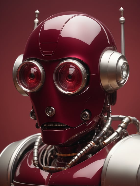1970s sci-fi robot, made of glass, front view, burgundy red background, impressionist style, digital art; robot ciencia ficción años 1970, hecho de cristal, vista frontal, fondo rojo burdeos, estilo impresionista, arte digital