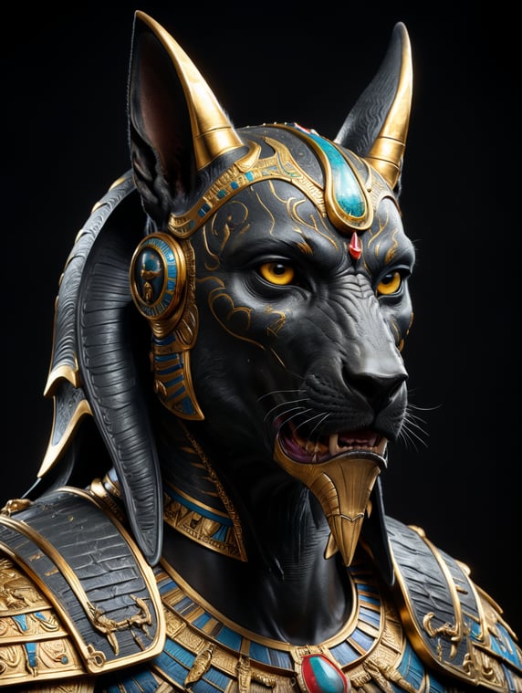 Egyptian god Anubis, portrait, hyper-realistic, dark style, focus on face, sharp on details, black background