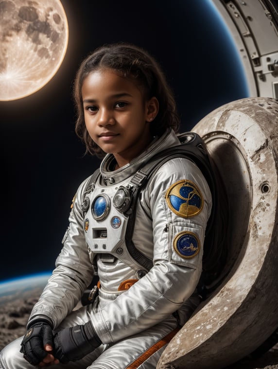 pre teen ebony girl Brazil in space suit sitting on a small moon in outer space.