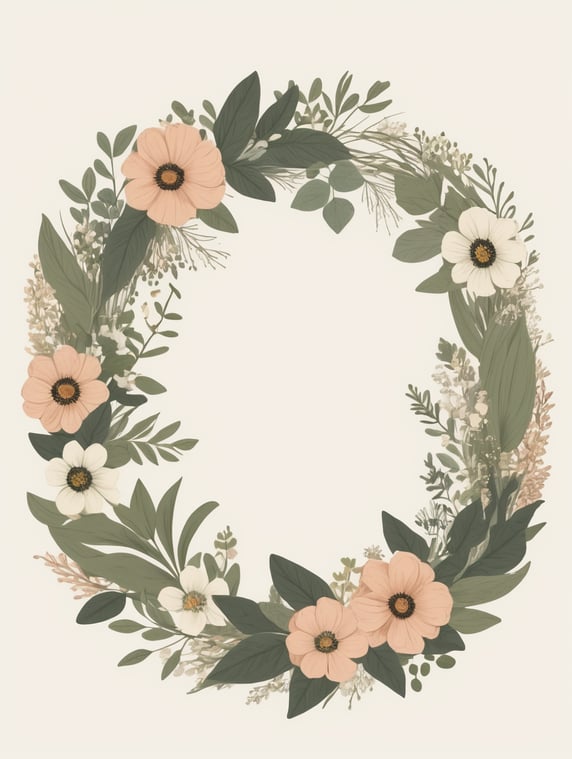 Vintage botanical rounded frame wreath illustration, flower circle frame, wedding day