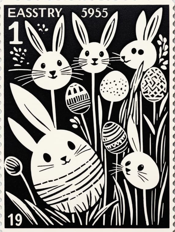 Black and white linocut postage stamp easter thick bold dark lines