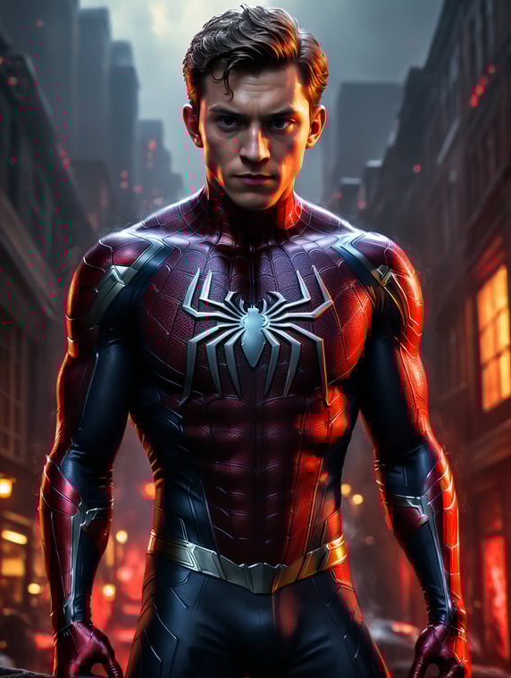 Tom Holland in a red spiderman costume