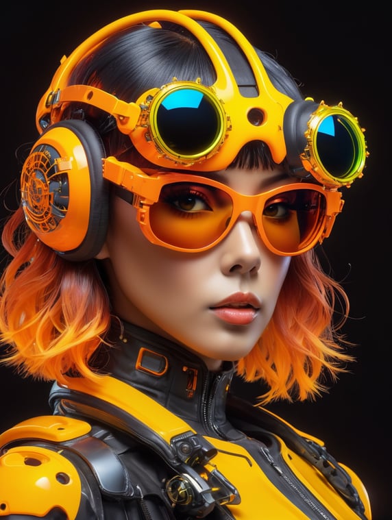 a woman is wearing neon sunglasses and a wig, in the style of mechanized abstraction, zbrush, neon-infused digitalism, angelcore, neon lights, yellow and orange, robotic motifs