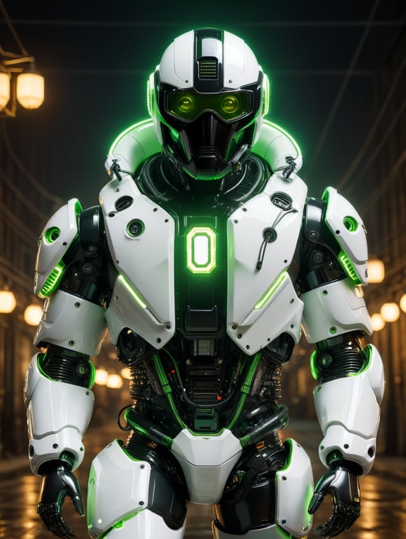 full body in front of a camera. A black and green robot in a helmet and eyeglasses in a white puffer jacket with neon lights, octane render, polished craftsmanship. walking a manufactory. scifi, wires, electric sparks.