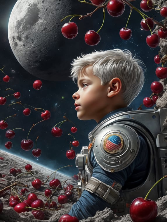 boy with silver hair, cherry picking, boy in space, cherry growing in space on the moon, boy cherry picking on the moon