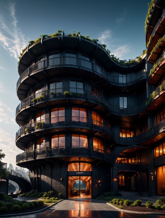 the craziest, bentwood, far view lens architectural modern style hyper realistic hyper detailed neocosmic exterior architecture design of a caterpillar Fluid complex facade, geometric shapes spectrum, black::1 red:3, Antoine Blanchard architecture art style, in new York city, dramatic ambient, natural lighting