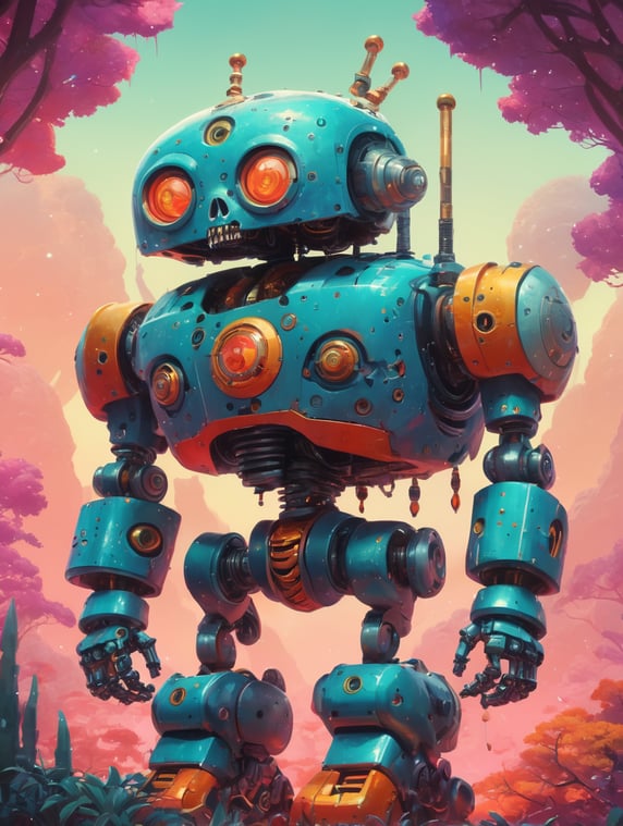 60s cartoon style photo of a huge savage skelton emopunk robot in far off galaxy, style of hannah barbara, studio ghibli, akira toriyama, james gilleard, warner brothers, trending pixiv fanbox, acrylic palette knife, vibrant colors, devinart, trending on artstation, low details, smooth