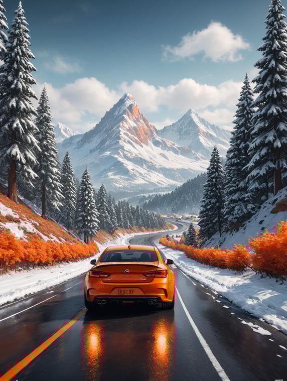 modern orange car behind view driving on a road, snowy landscape with fir trees and mountains vector styles, snowing, 64k