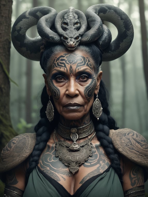 A voodoo old woman with facial tattoos and big snake on his neck