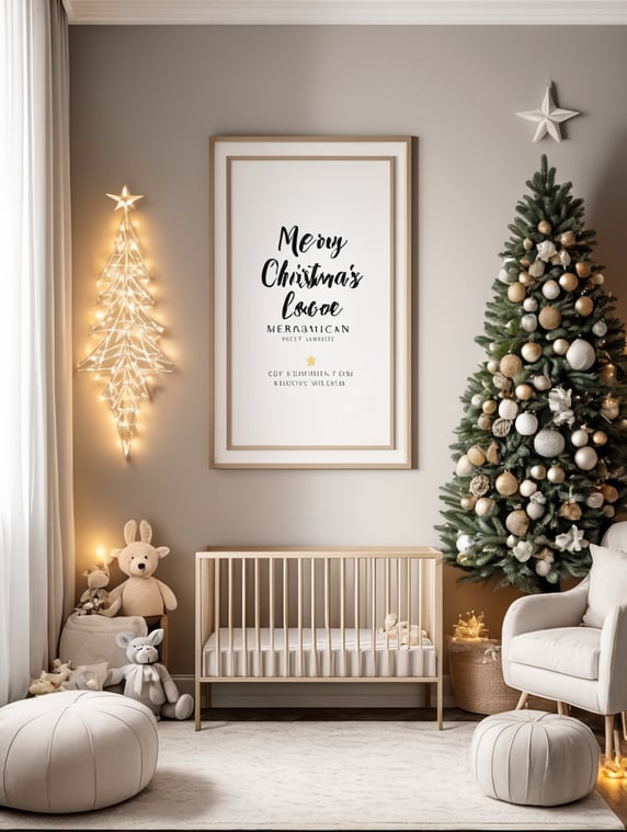 vertical frame wall mockup, nursery with christmas decorations, neutral colors and christmas lights