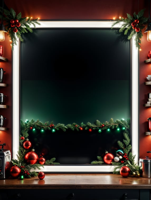 vertical picture frame mockup, cozy farmhouse kitchen, christmas decoration, red, white, green, christmas lights