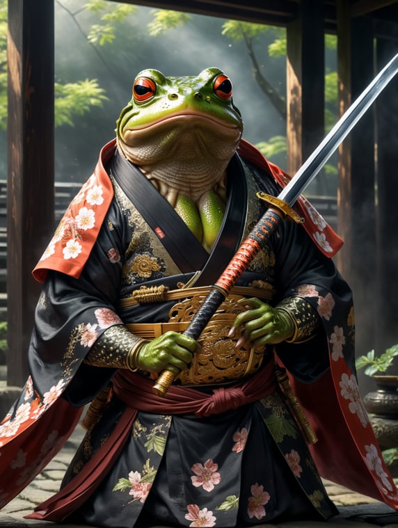 Manga frog wielding a samurai sword and wearing a kimono