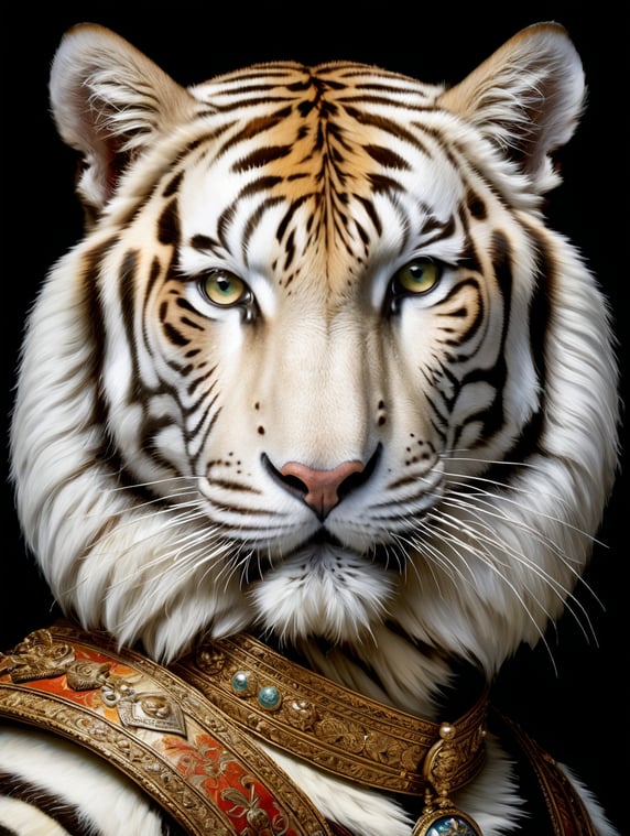 A masterpiece painting by Rembrandt Van Rijn, a Portrait of a white tiger wearing the typical clothes of the time, Renaissance painting style, 2 3 view, simple background, waist upwards, highly detailed, high contrast