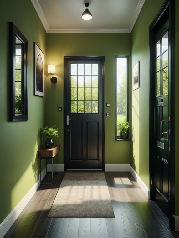 hallway with front door. there is a window in the door. Minimal scandinavian design. bright atmosphere. light green walls
