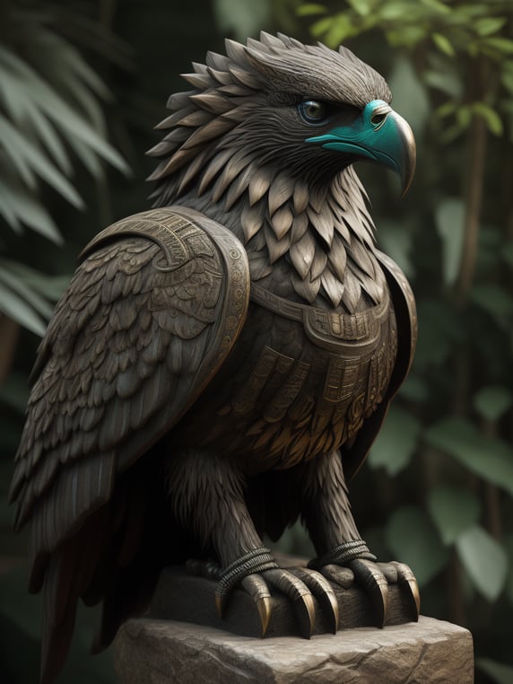 Aztec era, stone sculpture by Xiuhtecuhtli, noble eagle perched regally, cool jade and deep obsidian style, majestic demeanor, masterfully chiseled features.