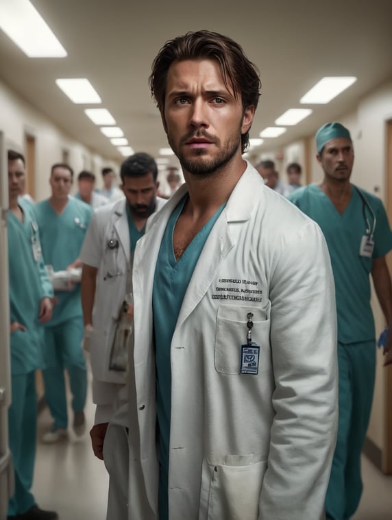 a young doctor, a man, very tired and haggard, in a dirty white coat, on night shift in a crowded hospital corridor, with many patients and nurses along the corridor, without a stethoscope, light focusing on his face