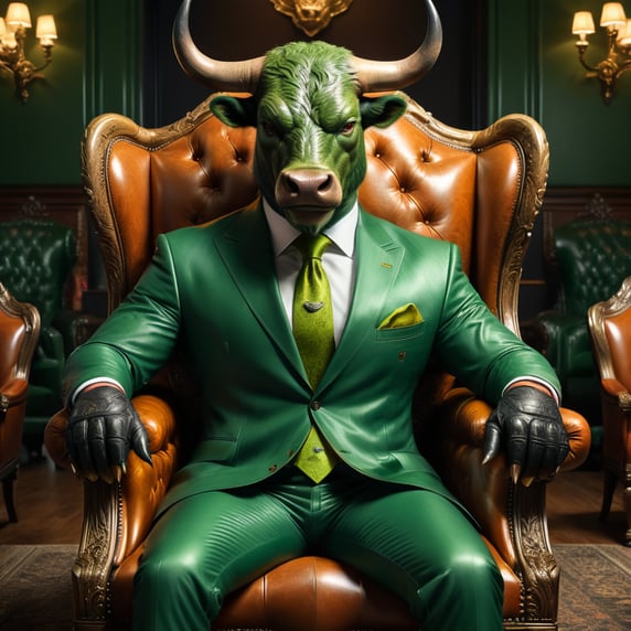 A men wearing green suit and has a bull's head sitting in leather armchairs.