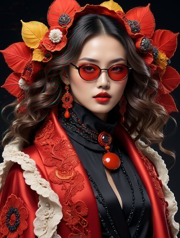 A japan tendency luxury top model dressed with Autumn woolen and Cotton threads clothes in shape of red Waves spectrum. "Smoke black reflecting futuristic glasses", dark diamond jewelry, scarf graved with colorful japan inspiration in the shape of frilly and mushroomy large waves threads inspired long coat flowing, black clean studio background, hyper detailed, epic Ai Yazawa, maximalist, contrast, Alberto Seveso fashion art style, hyper realistic, studio light, soft light, volumetric lighting, subsurface scattering, 4k, 8k, HD,-- s 1000 --style raw, fashion magazine cover