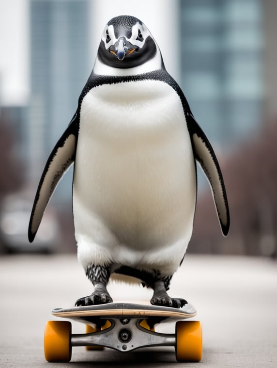 leica portrait of a penguin riding a skateboard through toronto