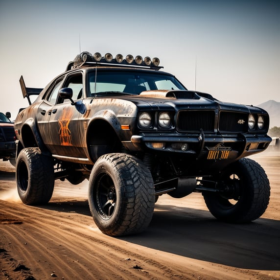 cinematic, filmic image 4k, 8k with [George Miller's Mad Max style]. The image should be captured in a [wide-angle view] and depict [single] a [post-apocalyptic] V8 [muscle car]. The car's paint is a [black] covered in a spots of [rust] and thin layer of smooth [dust] and [dirt], making it appear [rugged] and [gritty] but with visible [black color]The car's body should be [sleek] and [aerodynamic], giving it a [low] and [aggressive] stance that conveys [power] and [speed]. The front of the car should feature a [distinctive] front nose cone with [rectangular lights] that adds to its [intimidating] appearance. The car's wheels should be [large] and [sturdy], with [thick] tires that can handle the [rough] terrain of the [post-apocalyptic] wasteland. The rims should be made of [durable] metal with a [unique design] that showcases the car's [individuality].In addition, the car should have [eight exhaust side pipes]. The car should also feature a Weiand 6-71 [supercharger] mounted on the hood, protruding through th