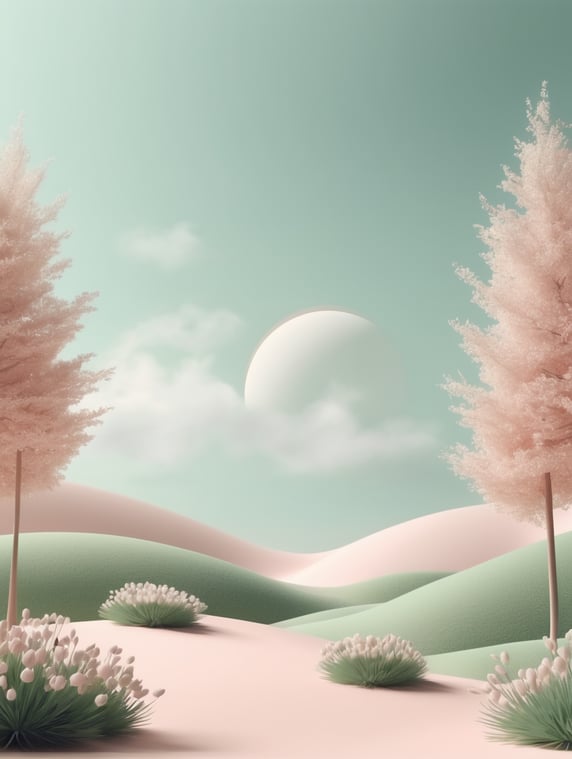 Abstract minimal advertise. dreamy landscape. 3D render copy space spring mockup, Cannon 5D, photorealistic, natural and pastel color, studio photography, studio lightening, HD, hyper realistic