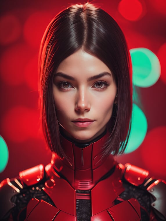 Portrait of an android girl made of red glossy material, sharp highlights, red background, Vivid saturated colors, Contrast color
