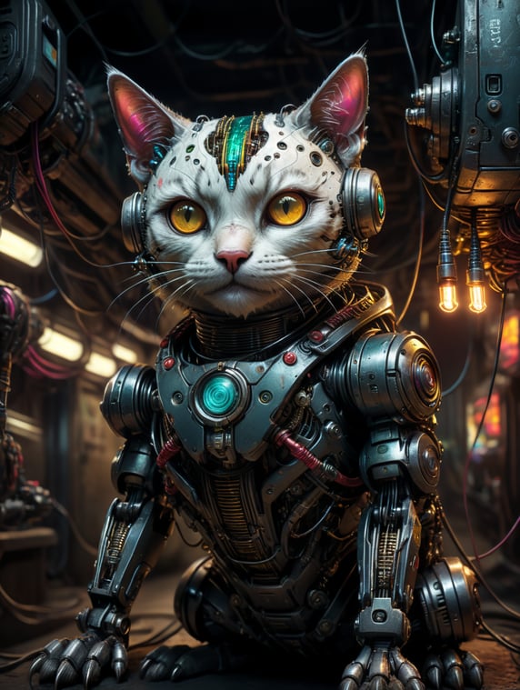 cute cyberpunk robot cat in an underground lab, wires from the ceiling, moody and dark light, intricate, highly detailed, concept in the style of the game stray