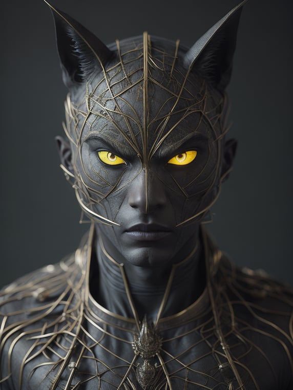 [anthropomorphism cat man in full growth], full body,in full growth, glowing eyes, looking at viewer, dark fantasy demon, gothic cyber, horror egyptian mythology, mysterious golden metal wires, fractional shiny crystals, cult ritual, (masterpiece:1.2) :: (best quality:1.2) :: (intricate) :: (wallpaper), global illumination, ray tracing,