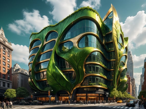 dream prompt: wide viewing angle of a green palette hyper realistic futuristic neocosmic luxury exterior architecture of a complex lines Fluid facade of a complex in a shape of a leave and a waves spectrum, Ando Fuchs style, dramatic ambience, in new york city, smoke green ::1 gold::2 glass:3, hyper detailed, light studio, camera nikon, 8k, --s1000 --style raw
