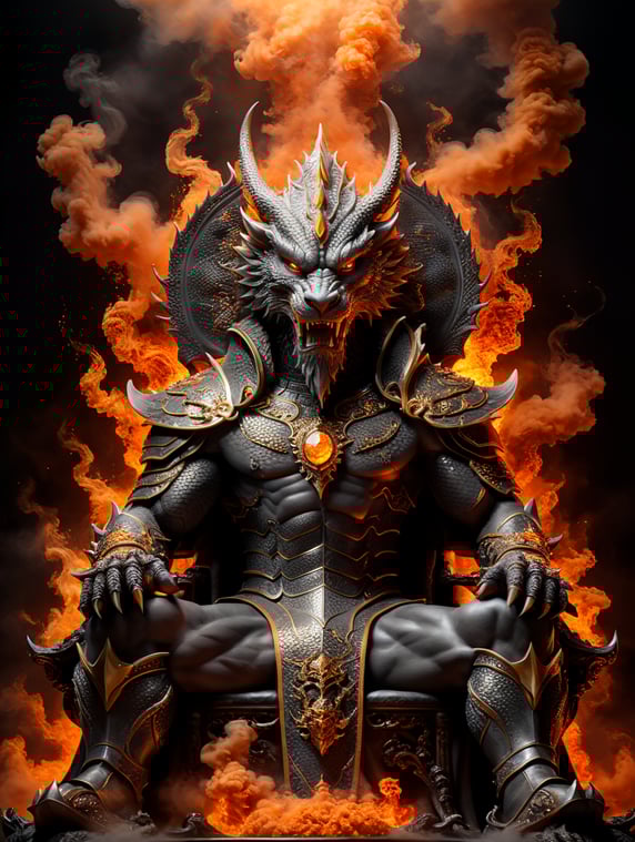 Hyper realistic photographie, Smoke grey Dragon Like king setting in a beautiful modern gold stone chair, orange smoke, fire, studio shot, black background, dramatic light, hyper realistic, hyper detailed