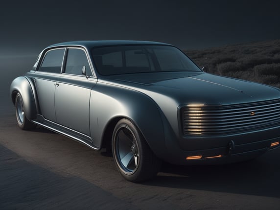 Wide shot of a minimal biomechanical translucent vehicle reminiscent of 40s car, silver and black colors, led lights, glowing headlights, creepy ambiance, fog,
