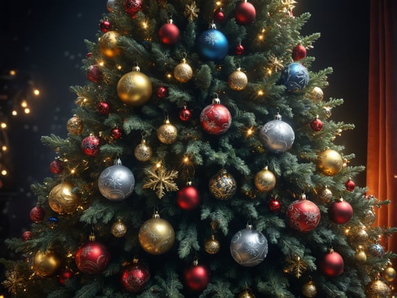 Christmas tree detail with christmas balls, snowflakes and lights