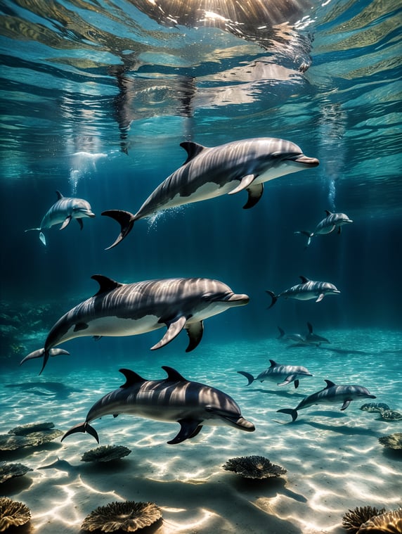a group of la plata dolphin swimming underwater, realistic