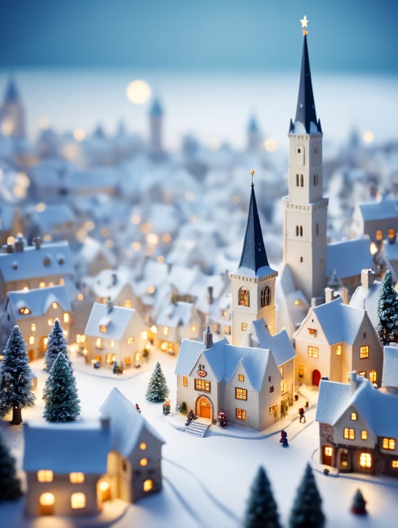 tilt shift photography of a Christmas medieval fantasy miniature city, depth of view, sunny, at night, snowy weather